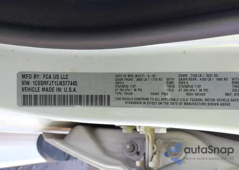 2020 Ram 1500 Laramie 4X4 5'7 Box from USA, damaged, VIN 1C6SRFJT1LN377445
